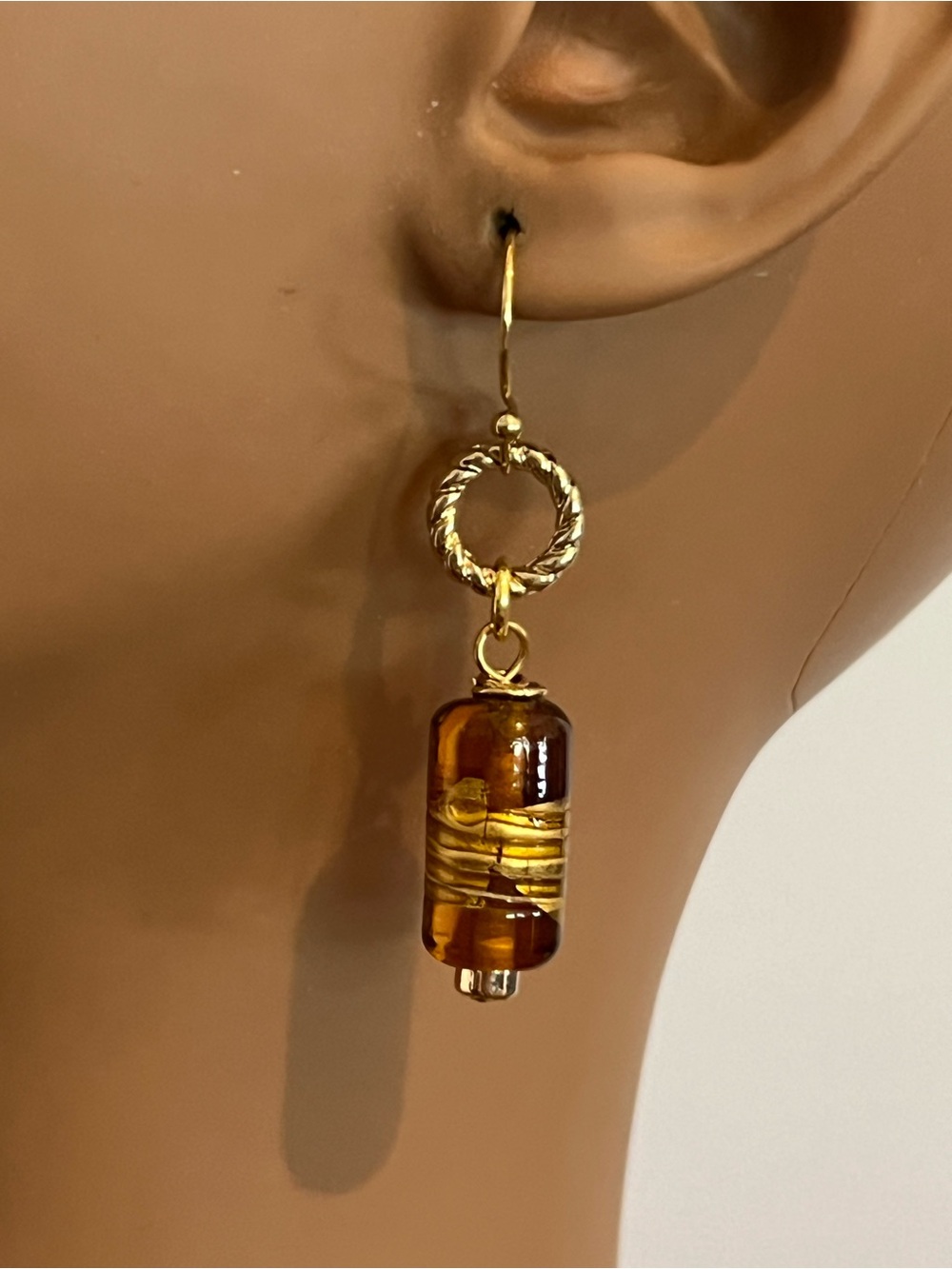 Gold-Tone Amber Glass Drop Earrings with Twisted Hoop